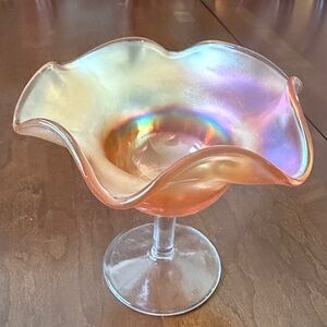 Vintage Footed Ruffled Iridescent Marigold Carnival Glass pedestal Compote Bowl